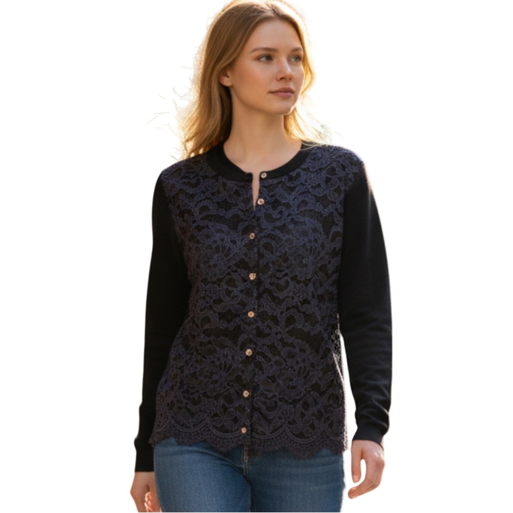 J Crew Women's Wool‎ Blend Sweater Twinset Blue Lace Overlay Cardigan Large